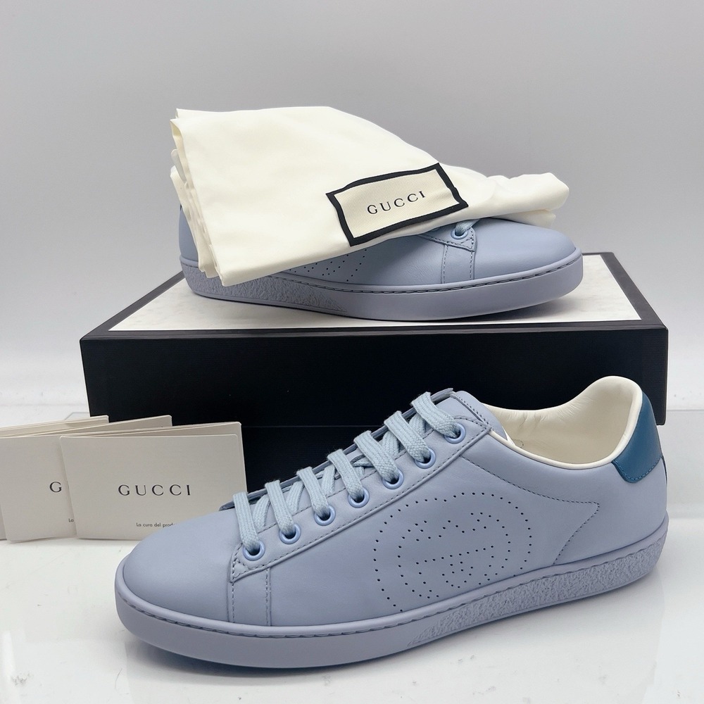 GUCCI Ace Interlocking GG Logo Low Top Sneaker Baby Blue Leather EU 38.5 US 8.5 - Picture 2 of 15